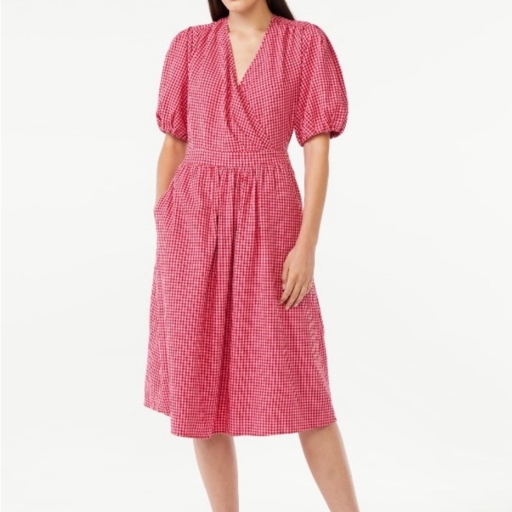 Pink Gingham Puff-Sleeve Wrap Dress